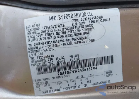 2004 Mercury Grand Marquis Gs from USA, damaged, VIN 2MEFM74W24X616794